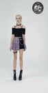 Punk purple checked splicing black pleated short skirt KW175